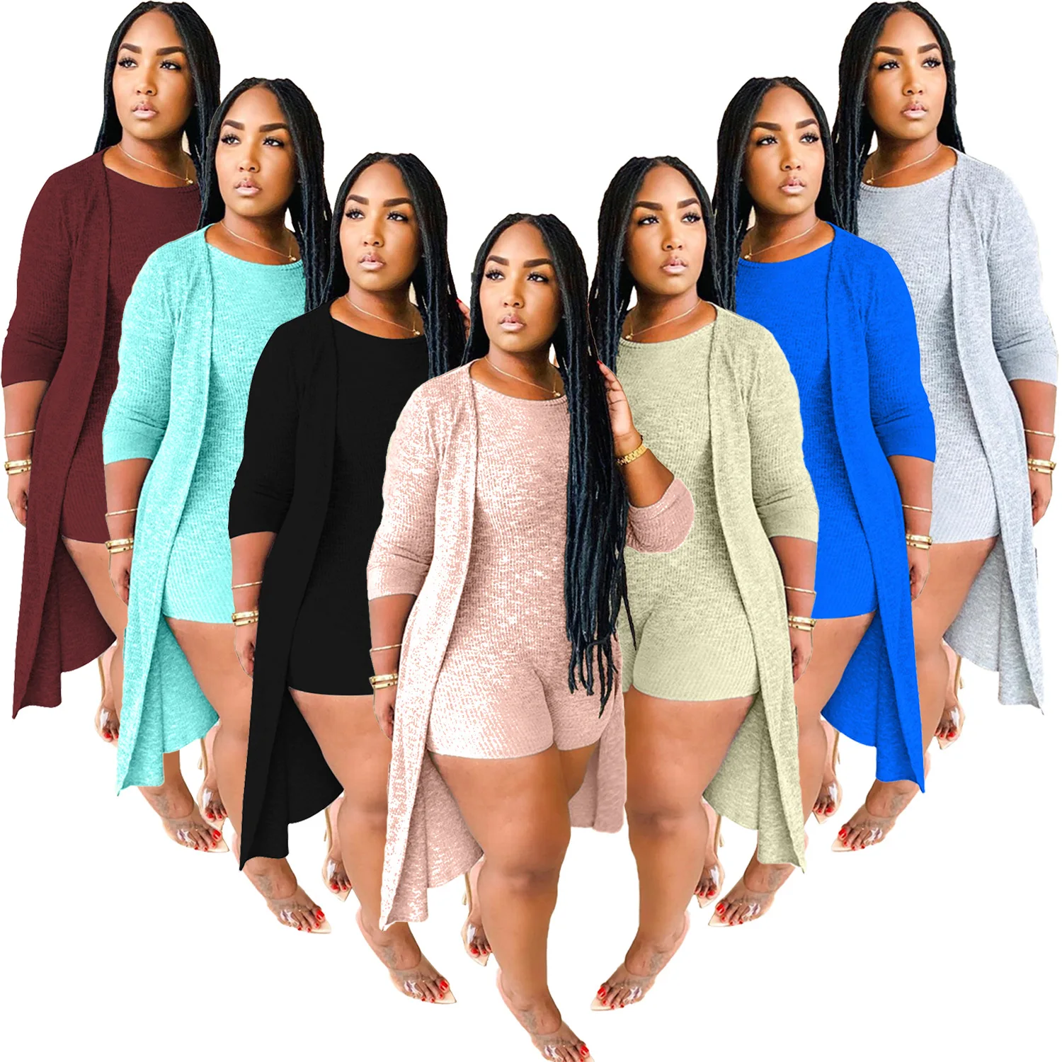 

S-2xl Ribbed Solid Color Two 2 Piece Set For Women Long Cloak Tops + Bodycon Romper Set Casual Clothes Wholesale Dropshipping