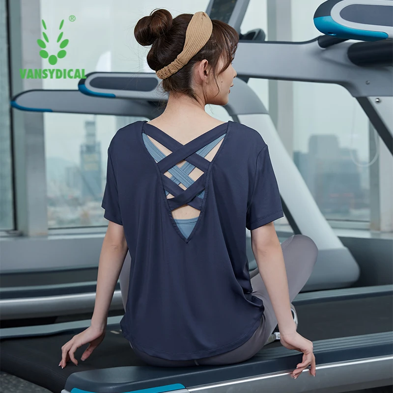 

VANSYDICAL Running Shirt Women Solid Loose Open Back Top Yoga Active Sportswear for Gym Clothing Fitness Training Workout Shirt