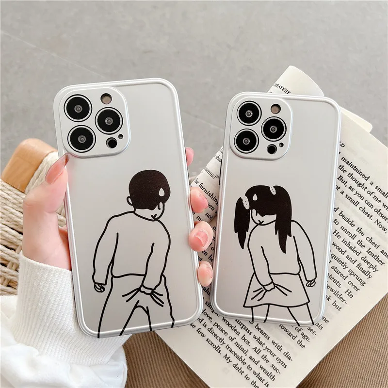 

Funny Cartoon Girl Boy Phone Case For iPhone 7 8 Plus 11 12Pro 13 13Pro X Xs Max Xr Cover Matte Plating soft IMD silicon Fundas