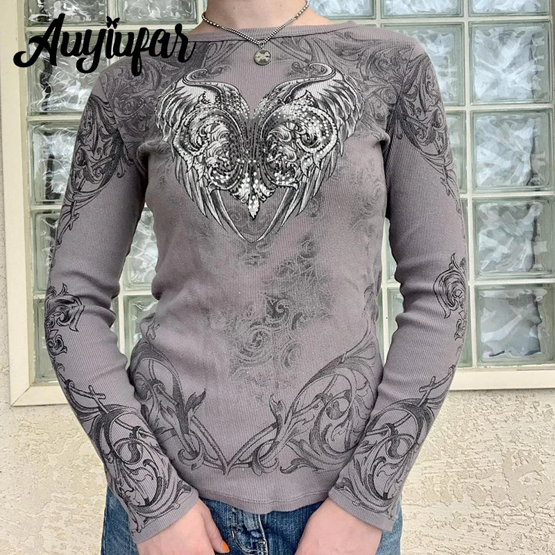 

Auyiufar Wing Printed Retro Fairy Grunge Tees Y2k Goblincore Slim Ribbed Streetwear Fashion Tshirts Women Aesthetic Casual Tops