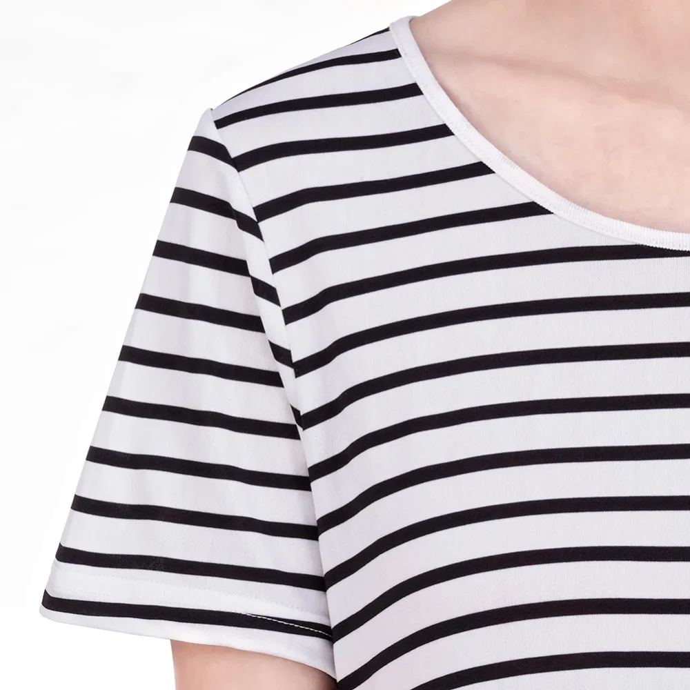 Женское модное свободное мини платье в полоску с круглым вырезом и коротким