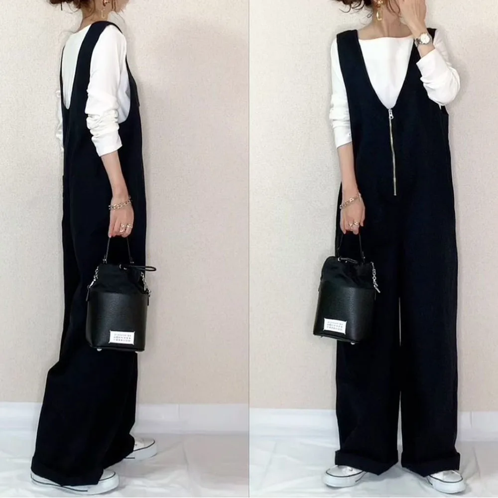 

Jumpsuit For Women Korean Style Plain Zippered Trousers Ladies Fashion Loose All-in-one Black Zipper V Neck Summer One Piece