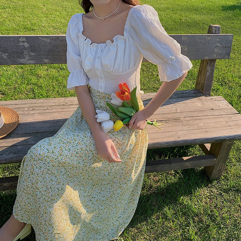 

Women Elastic Waist Printed Floral Chiffon Skirts Plus Size Summer Beach Knee Length A-Line High Waist Blue Saia Mujer