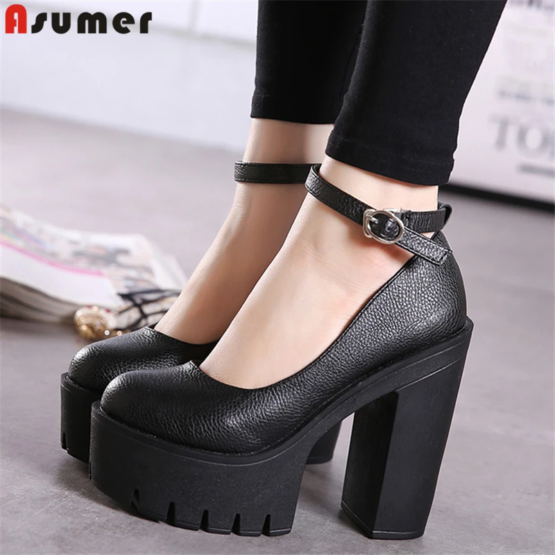 

Женские туфли-лодочки на платформе Asumer, туфли из искусственной кожи с ремешком на щиколотке 13 см, на квадратном каблуке, для весны и лета, раз...