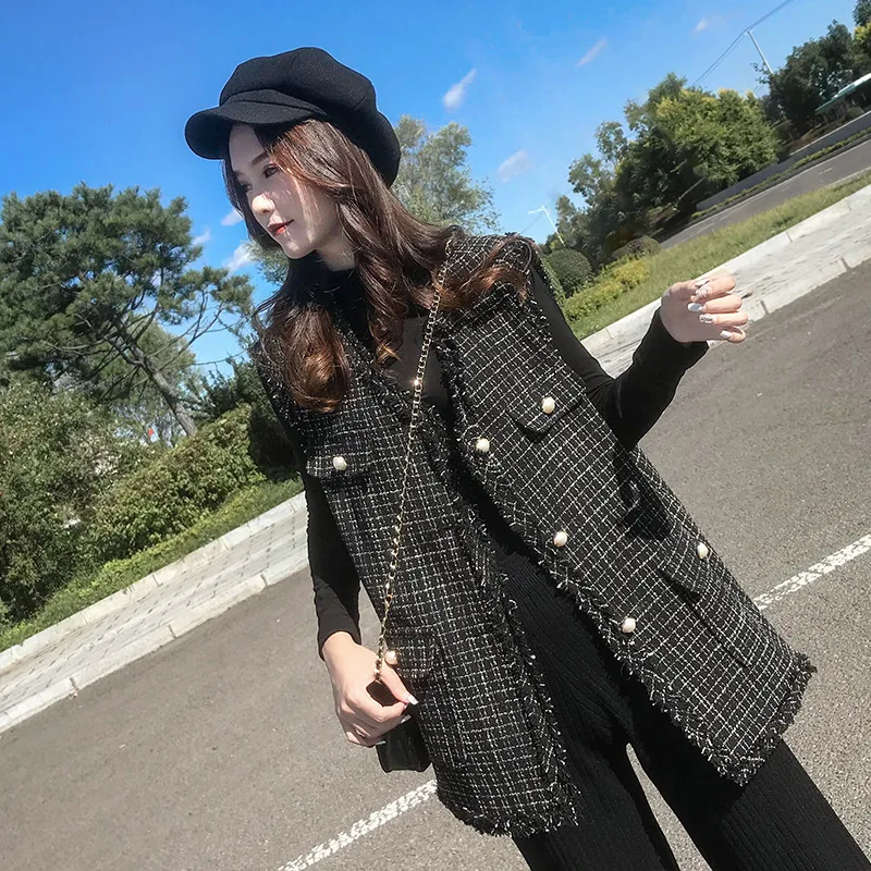 Женская клетчатая короткая куртка без рукавов в богемном стиле осень/зима