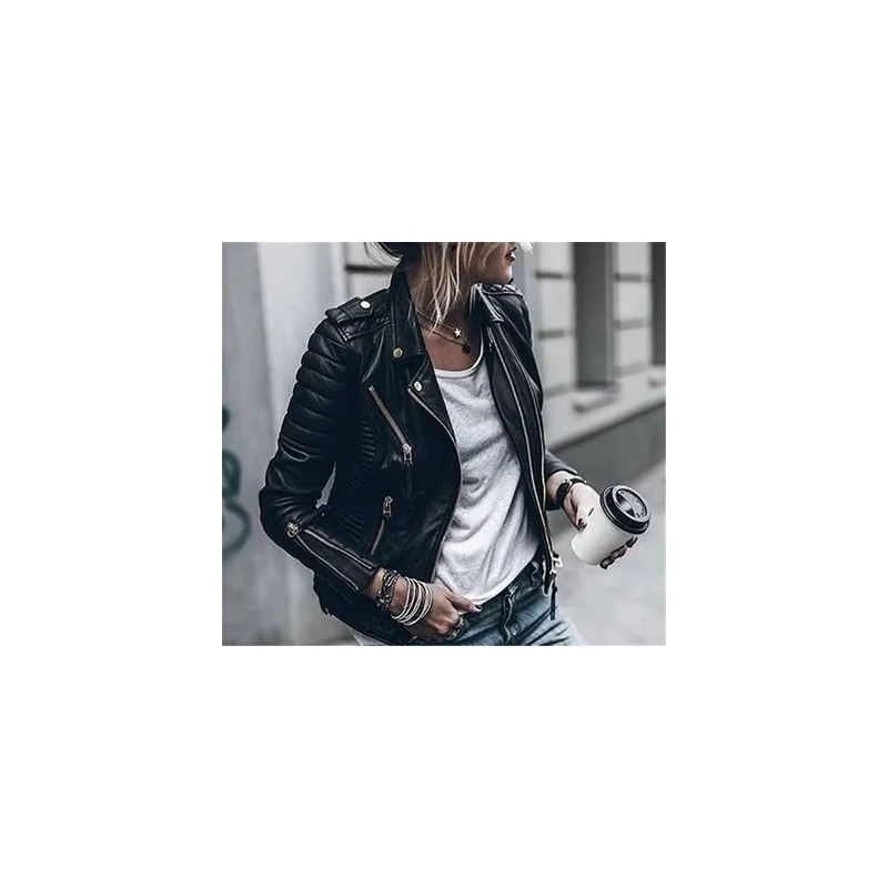 

Новая женская модная кожаная куртка на молнии с отложным воротником Женская куртка однотонная Мода-40