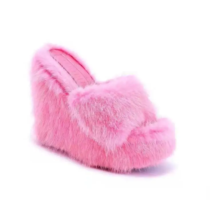 

Luxury new women feminine high-heeled fur drag outdoor all-match shoes slippers round head wedges with mink fur slippers