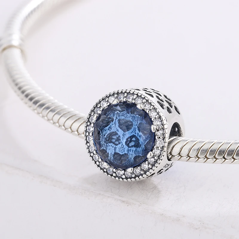 

925 Sterling Silver Sparkling Dark Moonlight Blue Charm Crystal Surrounded By Pave-Set CZ Charm Bracelet DIY Jewelry Making
