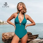 CUPSHE Одноцветный сине-бирюзовый Цельный купальник с завязками на шее, сексуальный женский монокини с открытой спиной, 2020, пляжные купальные костюмы, купальники