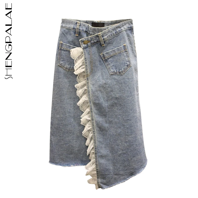 

SHENGPALAE, модная кружевная джинсовая юбка, Женская Осенняя Новинка 2021, асимметричная юбка до колена с высокой талией и карманами, Женская юбка ...