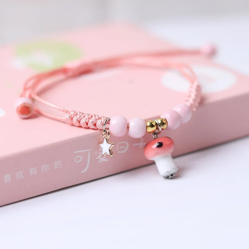 Женский браслет с розовыми грибами регулируемая веревочная цепочка Милые