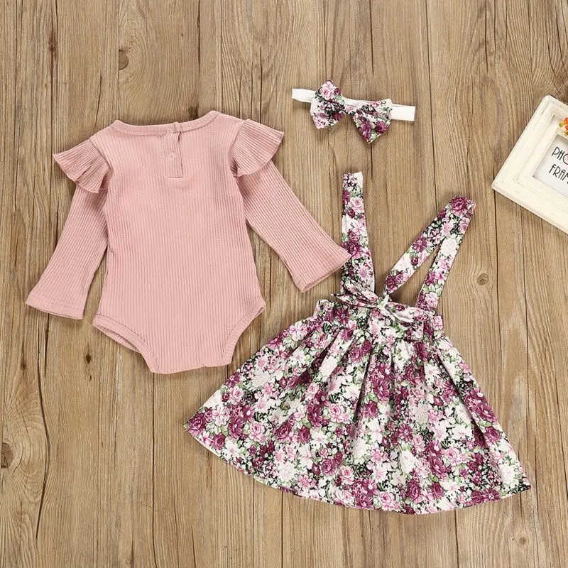 2020 3Pcs Baby Girl Clothes Set Long Sleeve Romper Tops Floral Strap Skirt Headband Sets 0-24M | Детская одежда и обувь