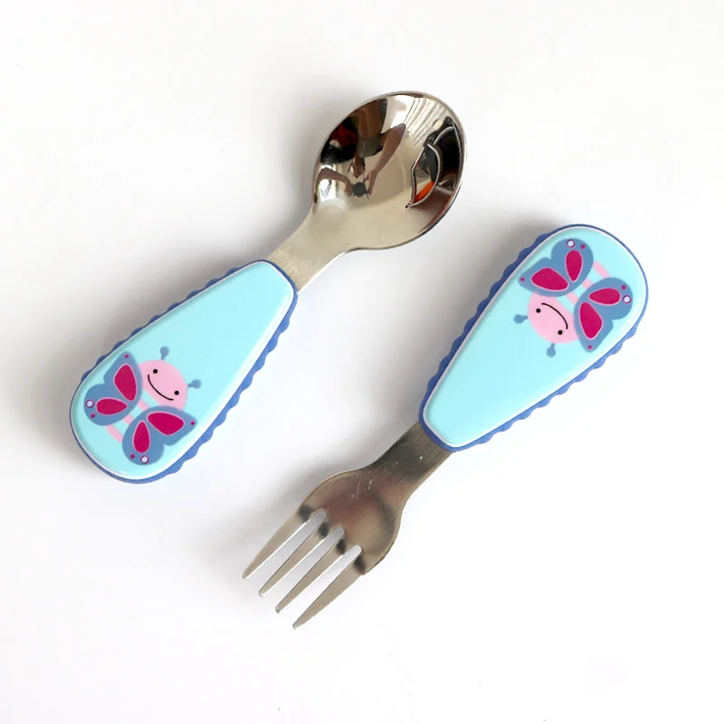 Butterfly Kids Spoon Children Stainless Steel Fork Case Portable Safety Baby Feeding Utensils Training Dinnerware 2pcs/ Set - Цвет: Butterfly