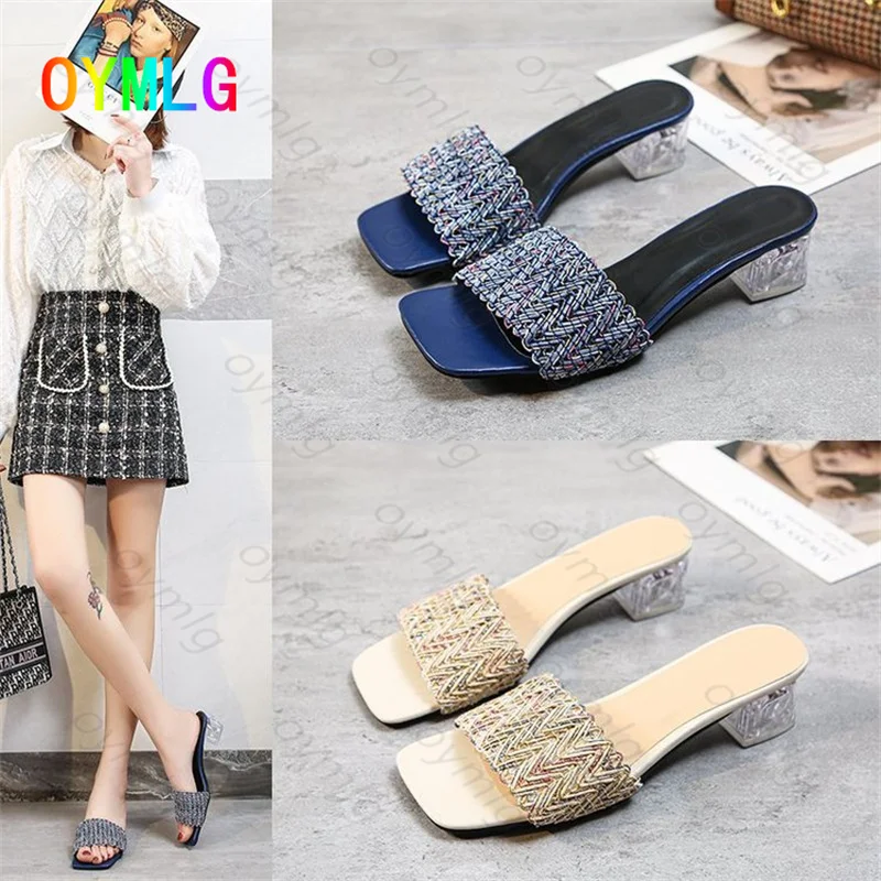 

2021 summer new large size slippers women's crystal thick heel fashion high heel sandals slipper women