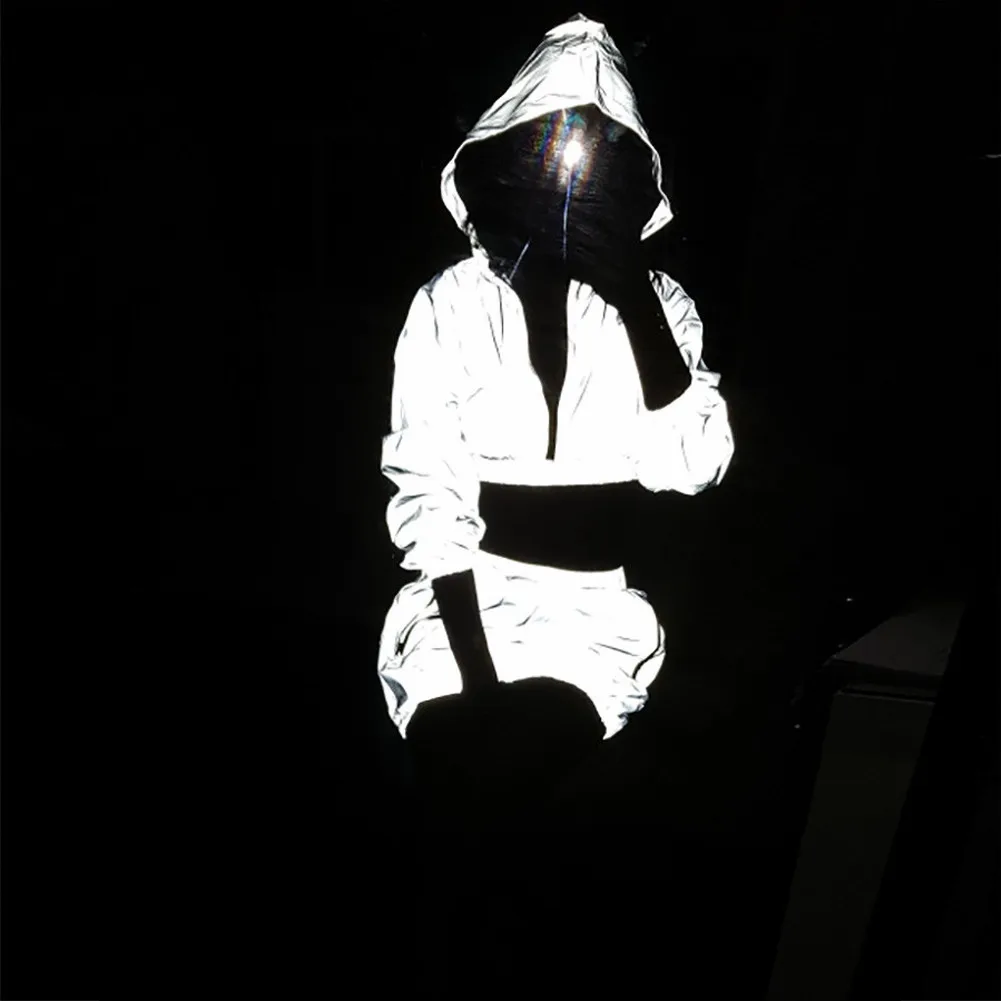 

Donsignet Women's Suit Fashion Hooded Collar Pullover Cropped Short Long Sleeve Elastic Waist Skirt Reflective Two-piece Suit