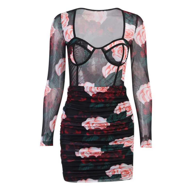 

Sexy Rose Printed Dresses Women Long Sleeve Square Neck Mesh Diaphaneity Night Club Women's Slim Draped Dress Hot