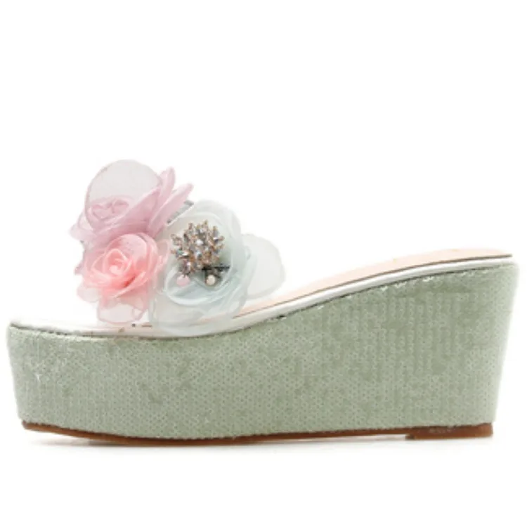 

Female Shoes Ladies' Slippers Flower Luxury Slides Platform On A Wedge 2021 Designer Flat PU Scandals Basic Fashion Fabric Rubbe
