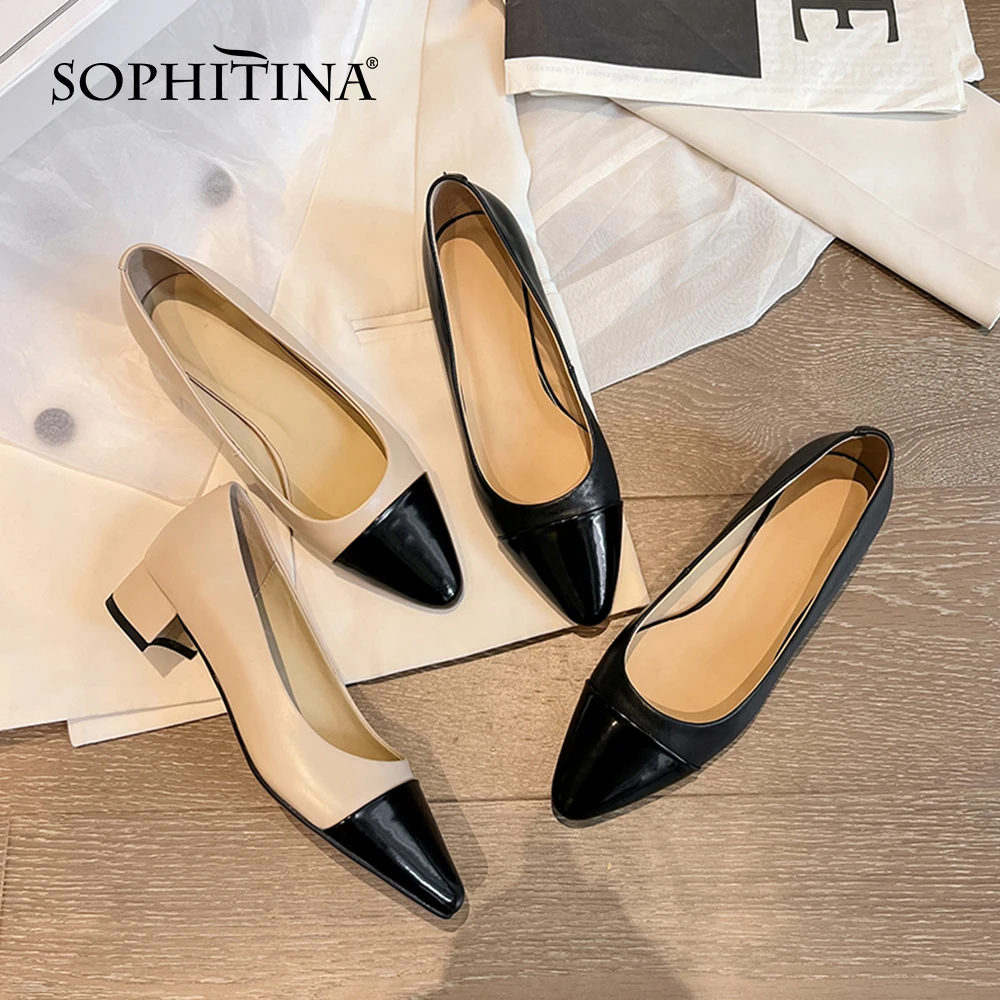 

SOPHITINA Women's Pumps Dress Elegant Comfort Thick Heels Genuine Leather Pumps Patchwork Commute Soft Fashion Women Shoes YO819