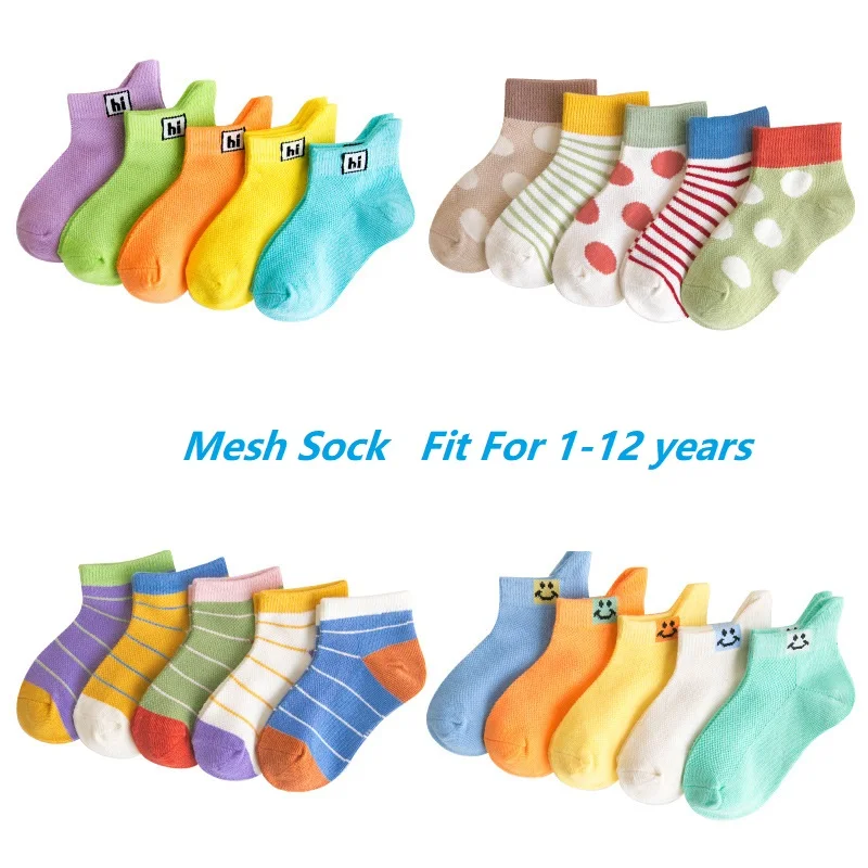 5Pairs/lot Smile Dot Multicolor Mesh Thin Cotton Summer Spring Newborn Boy Kids Socks Baby Girls | Детская одежда и обувь