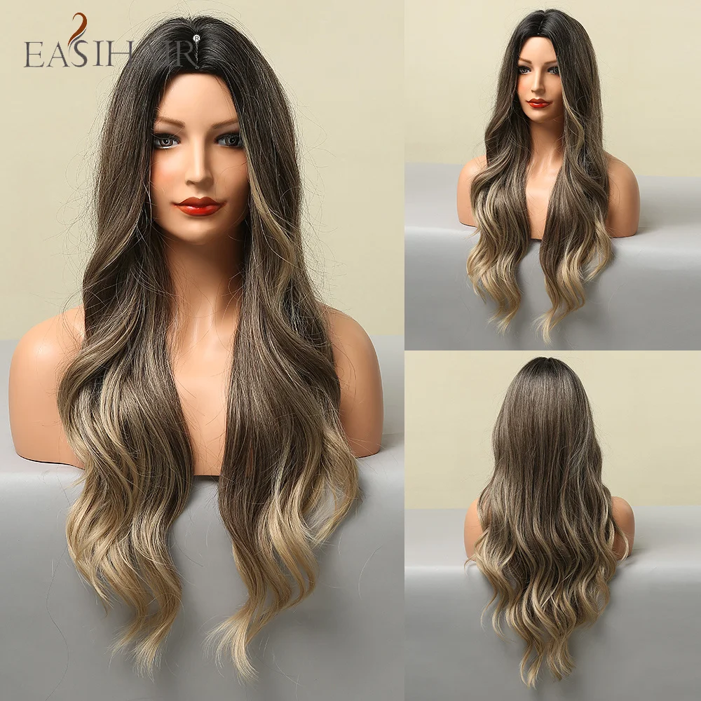 

EASIHAIR Long Ombre Black Brown Wave Synthetic Wigs for Black Women Middle Part Heat Resistant Wigs Faker Hair Cosplay Daily