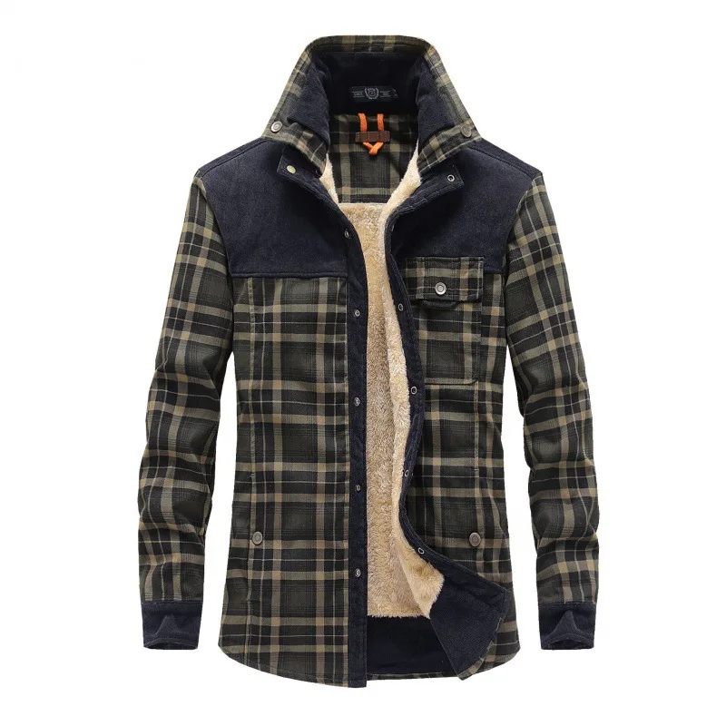 

Cross-border foreign trade tuals plus velvet shirt plaid big size lapel thick casual warm upper jacket male