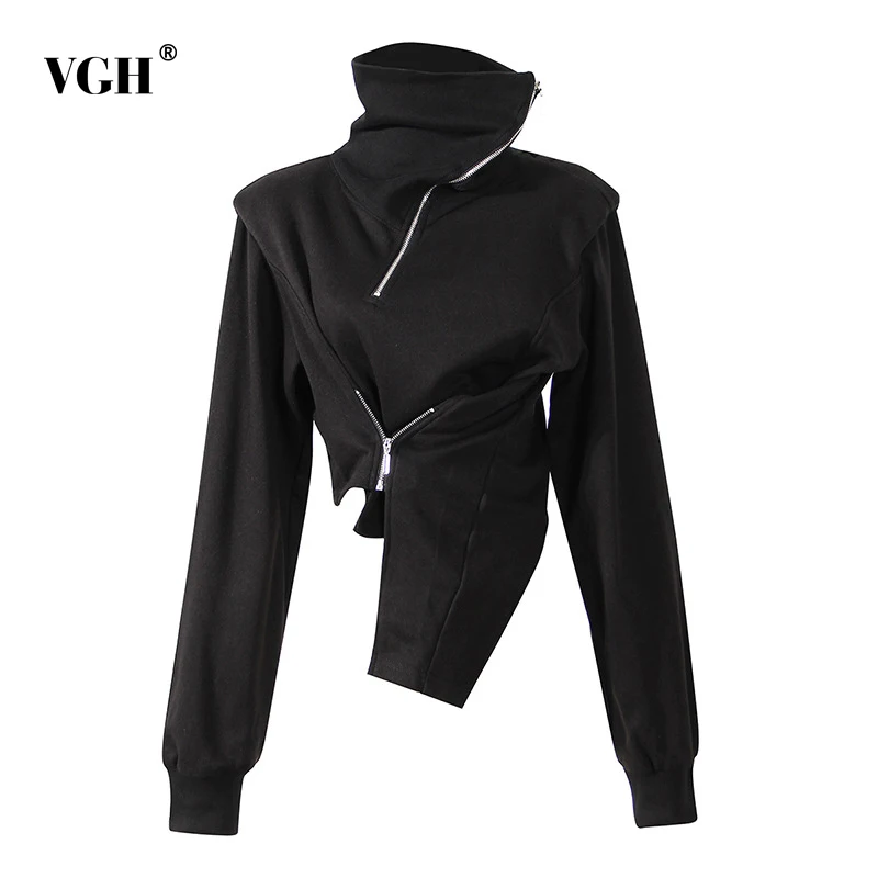 

VGH Black Elegant Irregular Asymmetrical Sweatshirt For Women Stand Collar Long Sleeve Casual Loose Sweatshirts Female 2021 New