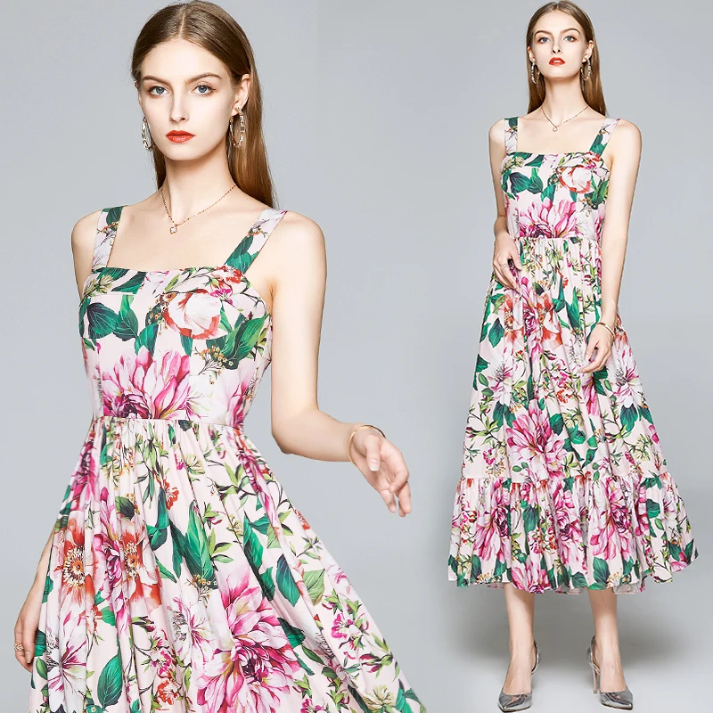 

Summer Fashion Women Casual Sleeveless Spaghetti Strap Flower Print Slim Fit Maxi Long Runway Dress