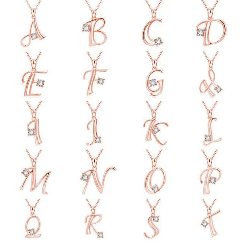 

2021 Hot Luxury 26 Letter Rose Gold Zircon Necklace For Women Trendy Female Jewelry Birthday Party Valentine Gifts
