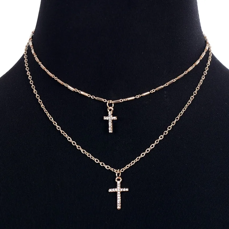 

Imixlot Fashion Double Layer Rhinestone Cross Pendants Necklaces For Women Gold Silver Color Choker Necklace Religious Jewelry