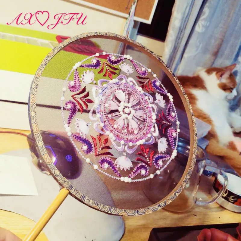 

AXJFU Chinese style round beading pearls embroidery handmade fan long handle flower beaded embroidery ceremony bride wedding fan