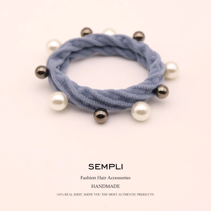 Light Blue Sempli 10 Цвета нейлон Эластичный женские обручи для девочек высокое качество жемчуг резинки СПЛАВ украшение для волос с бусинами, обтянутая тканью; - Цвет: Light Blue
