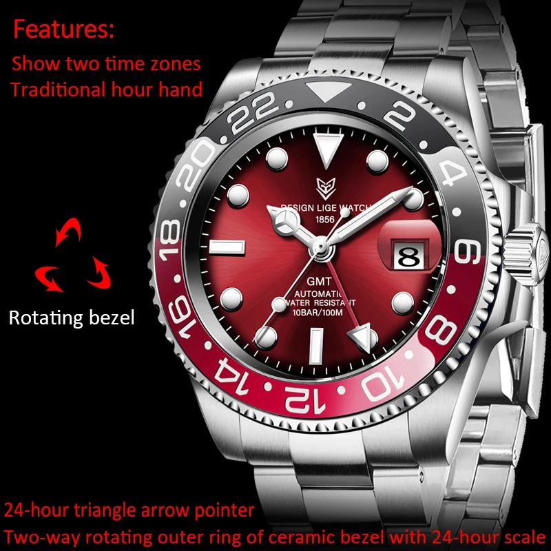 

LIGE DESIGN Men GMT Automatic Mechanical Watch Ceramic Bezel 316L Stainless Steel 100m Waterproof Clocks Sapphire Glass Watches