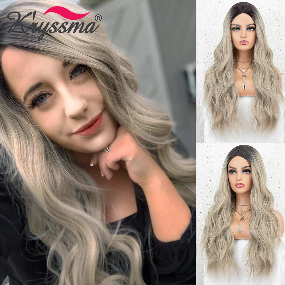 

Kryssma Ash Blonde Wig Long Wavy Synthetic Wigs Ombre Blonde Wigs For Women Platinum Blonde Synthetic Wig With Middle Part
