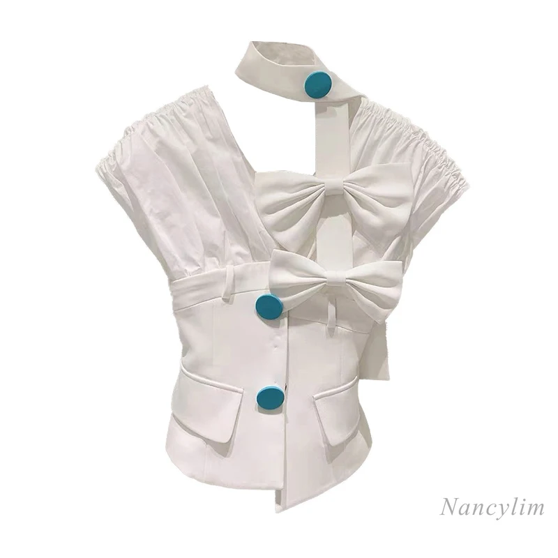 

Bow Irregular Shirt Women's Blouses 2021 Summer New Fashion Temperament Ribbon Halter Crop Top Slim Fit Blusas