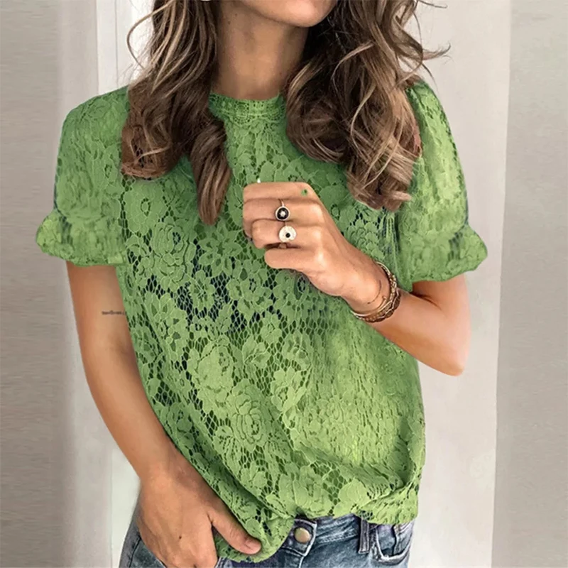 

Women Casual Lace Hollow Out T-shirts 2021 Summer New Chic Round Neck Short Sleeve Ladies Loose Green Streetwear Party Tops Tees