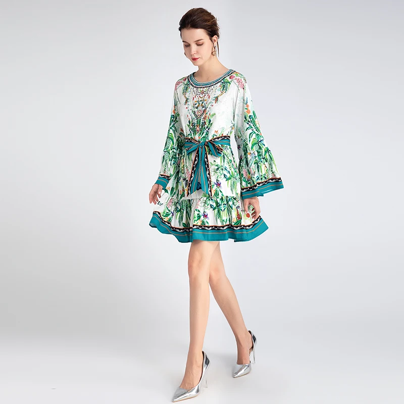 

MIUXIMAO High Quality 2020 Fall Dress Newest Long Sleeve Green Flower Print Elegant Casual Dress Women Vestidos With Belt