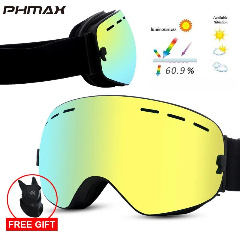 PHMAX Band сноуборд лыжные очки двухслойные очки для катания на лыжах UV400 защита снежные лыжные очки Анти-туман Лыжная маска - Цвет: Yellow