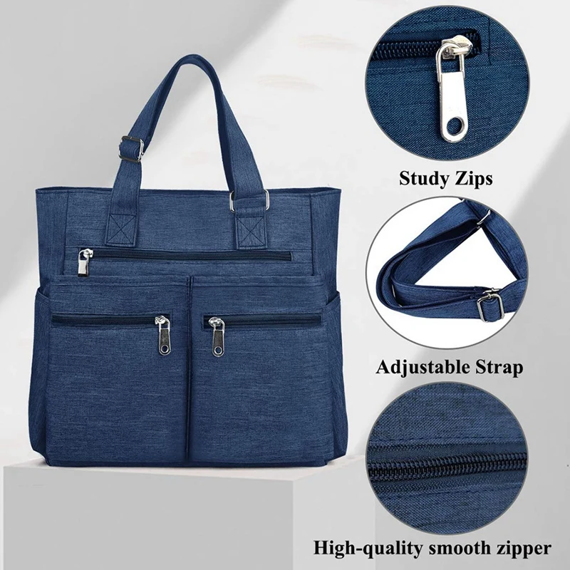 

Canvas Tote Bag Waterproof Nylon Multi-Pocket Laptop Work Bag Teacher