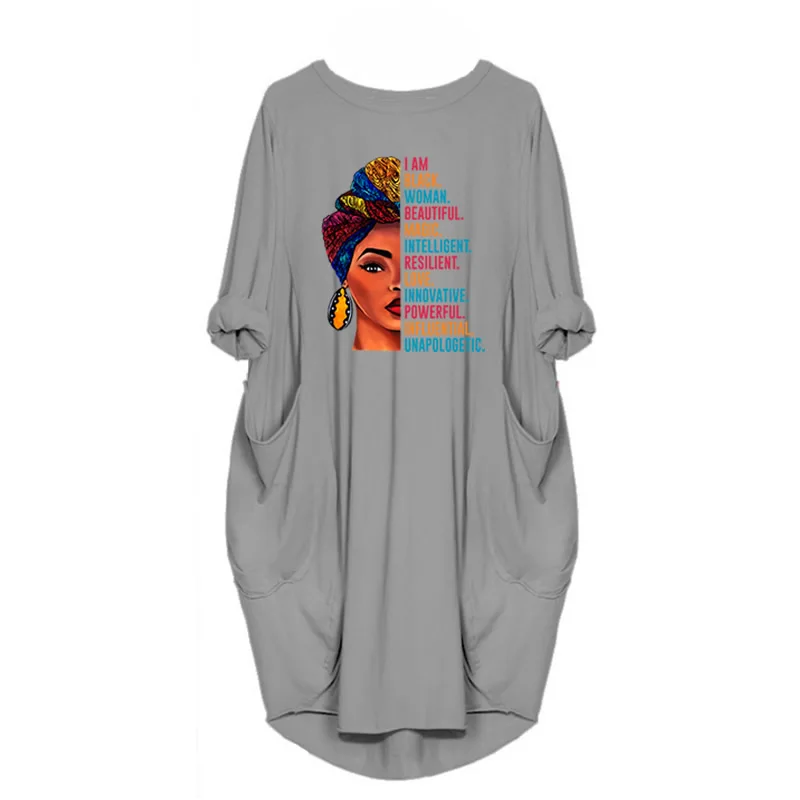 

2021 Summer Dress For Women Pocket I Am Black Woman Beautiful Letters Print Dresses Women Top Female Oversized 5XL Drop Ship