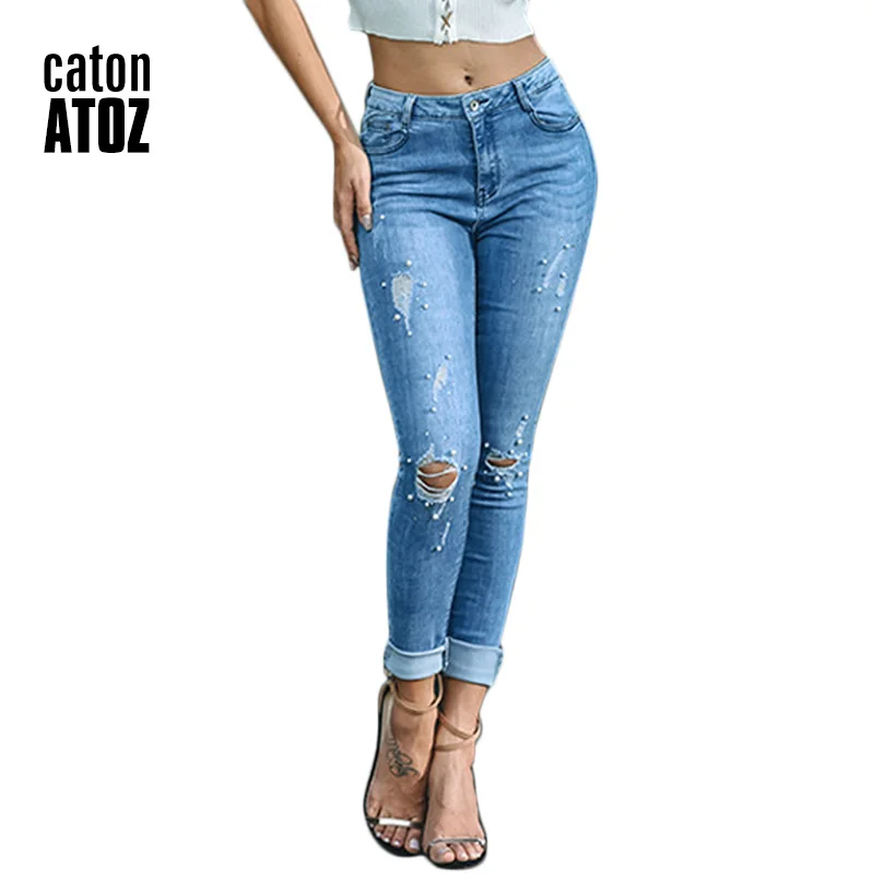 Light blue CatonATOZ 2184 новые женские хлопковые джинсы с жемчужинами размера плюс, джинсы для мам, женские обтягивающие Стрейчевые рваные джинсы для женщин - Цвет: Light blue