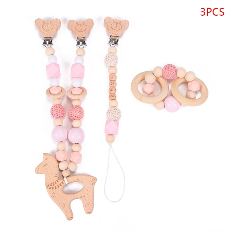 

2021 New 3 Pcs/Set Baby Pram Pendant Rattle Pacifier Chain Clip Bracelet Wooden Teether