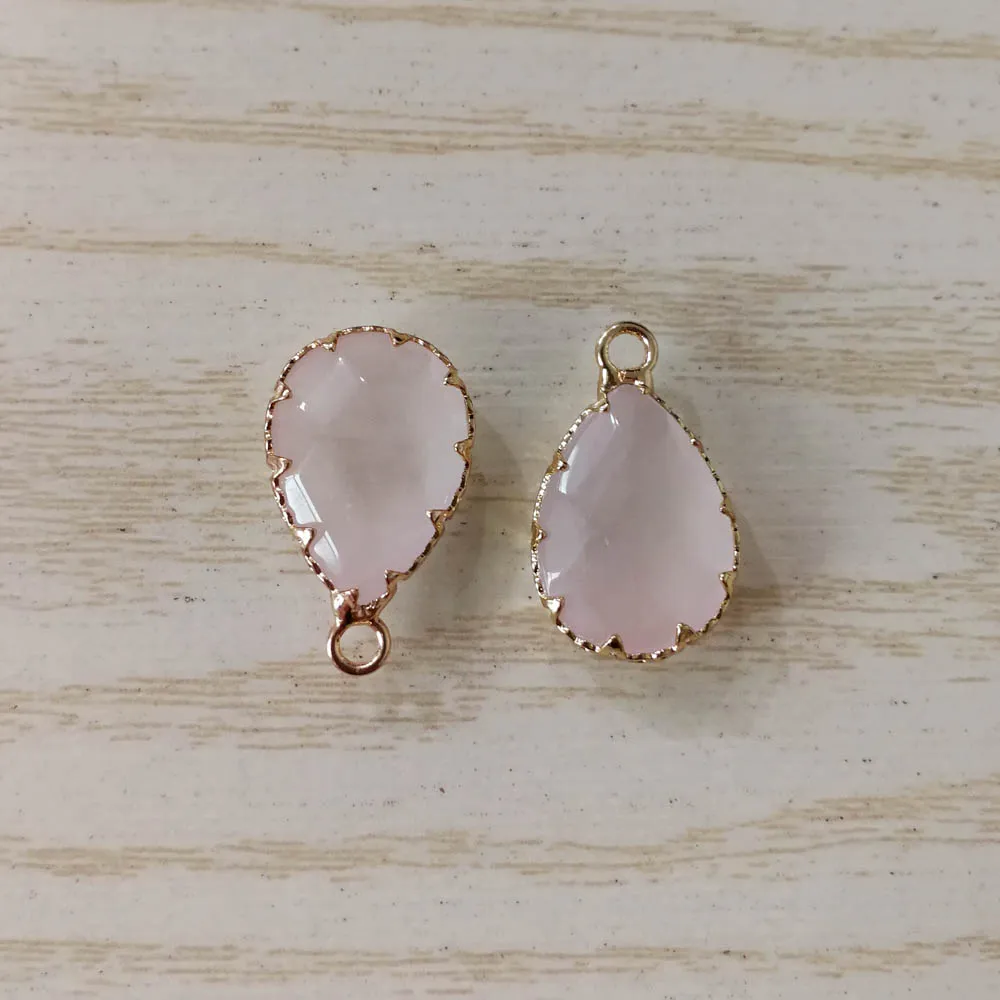 

Good quality natural rose quartzs stone section water drop shape gold rim Connector pendants wholesale 12pcs for jewelry making