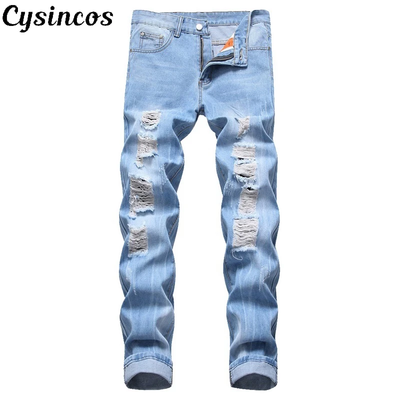 Мужские джинсы скинни CYSINCOS Прямые рваные в стиле хип-хоп с вышивкой | Мужская