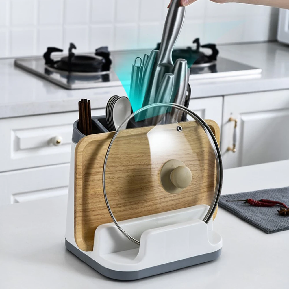 

Kitchen Utensil Holder Knife Storage Rack Multi-Functional Tableware Cutting Board Block Knife Shelf Organizer with Drainboard