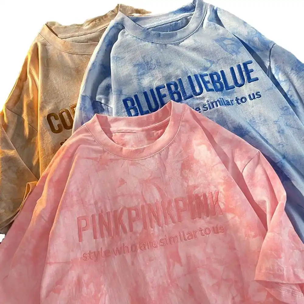 

Women Short Sleeve T Shirts Oversized Tie Dye Letter Embroidery Hip Hop Loose Korean Style All Match Students Simple Chic
