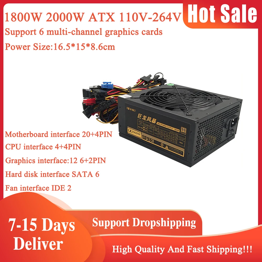 

110V-264V 2000W 1800W Mining Power Supply 90% High Efficiency PSU Support 8 Graphics Cards GPU For ETH DOT BTC Bitcoin Miner Rig