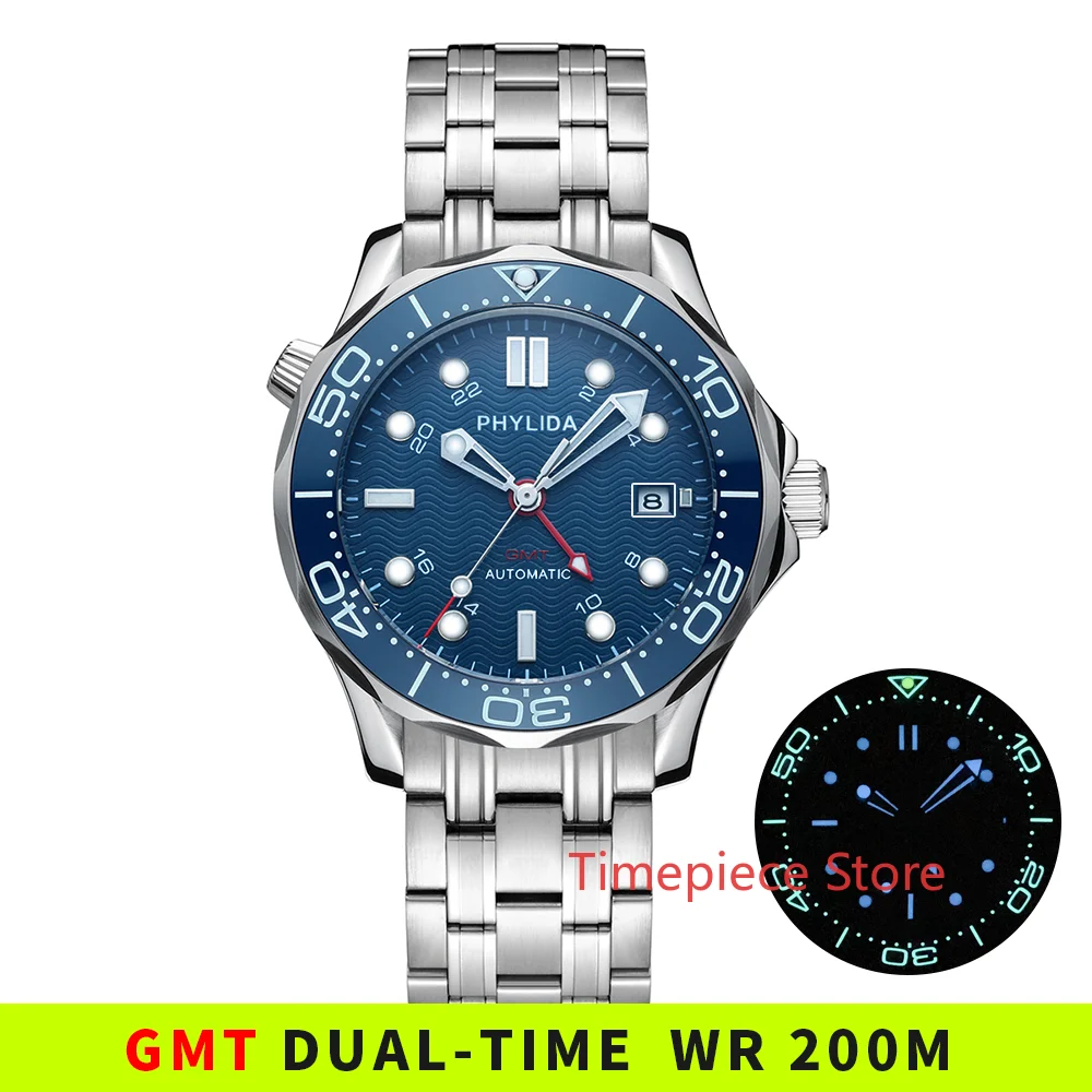 Водонепроницаемые автоматические часы GMT с синим волнообразным циферблатом 200 м