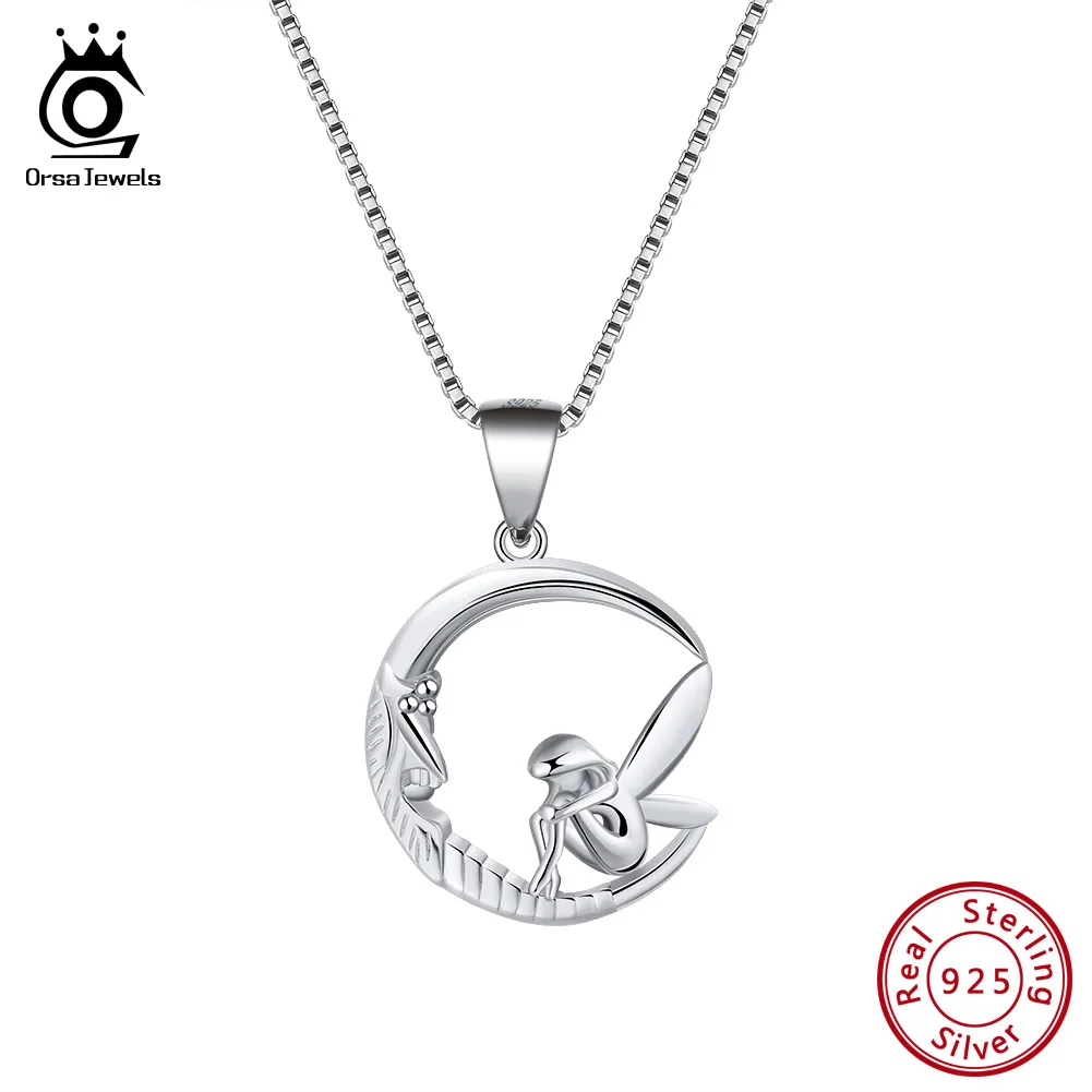 

ORSA JEWELS 100% Real 925 Silver Necklaces And Pendants Fairy Sitting On Moon Original Romantic Necklace Girl Jewelry Gift SN106