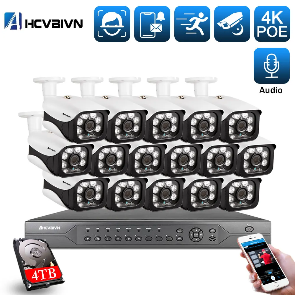 

5MP 4K 16CH POE NVR Kit камера видеонаблюдения системы безопасности комплект Открытый Водонепроницаемый аудио POE IP камера видео Камеры Скрытого виде...