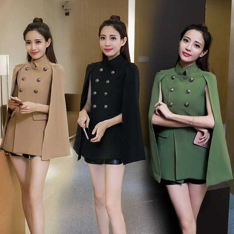 Женский двубортный блейзер с накидкой черный пиджак отложным воротником и